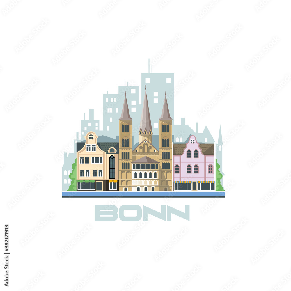 Bonn city skyline. City landscape with ancient architectural buildings. Tourist routes and trips across Europe.