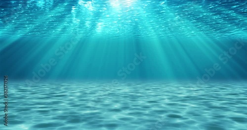Realistic sandy underwater scene with light rays. Turquoise decorative background, animated illustration.