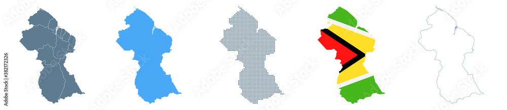 Guyana Map Set - Vector Solid, Contour, Regions, Flag, Pixels