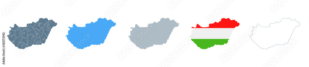 Hungary Map Set - Vector Solid, Contour, Regions, Flag, Pixels
