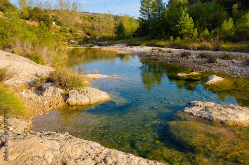 View of the La Olla pool on the Olldemó river belonging to the Pesquera in Beceite, Matarraña. Aragon, Spain