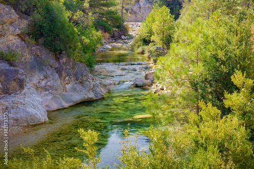 Panoramic of the Ulldemó river in the area of ​​La Pesquera in Beceite, Matarraña. Aragon, Spain.