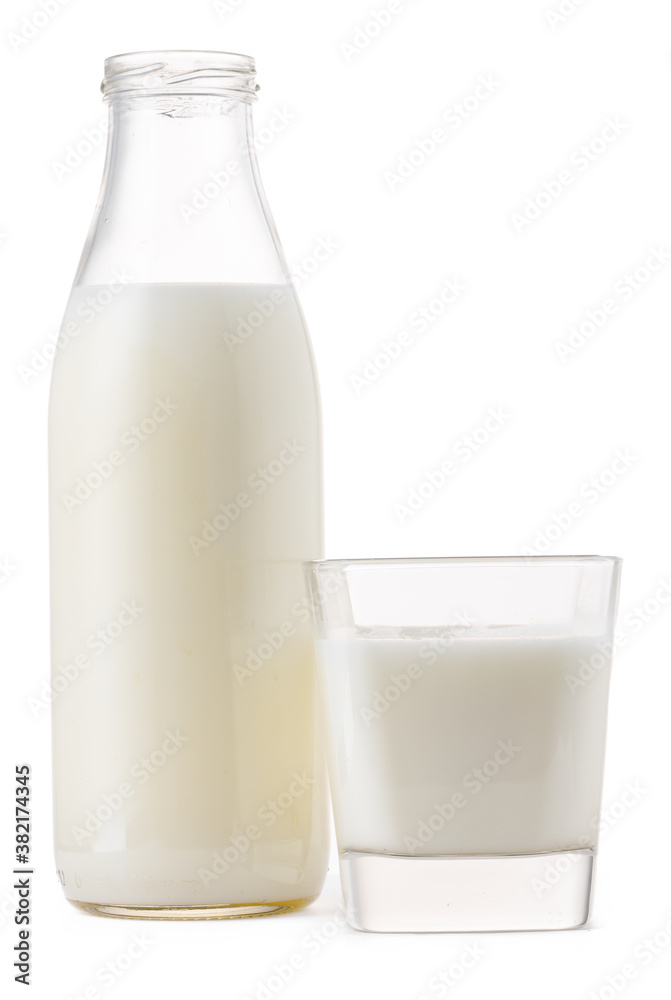 Glass cup and bottle of fresh milk isolated Glass cup and bottle of fresh milk isolated