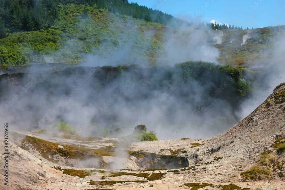 Pohutu Geyser in the Whakarewarewa Thermal Valley, Rotorua, in the North Island of New Zealand. Pohutu means big splash or explosion.