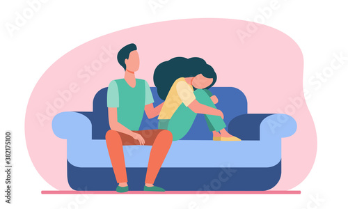 Boyfriend holding shoulder and consoling sad woman. Sofa, family, support flat vector illustration. Depression and melancholy concept for banner, website design or landing web page