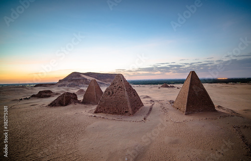 Pyramids in Sudan at sunrise background from birdseye view