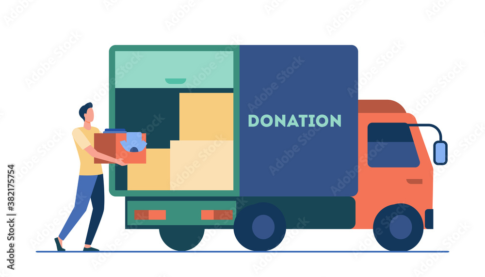 Man carrying box with clothes to donation truck. Courier, volunteer, vehicle flat vector illustration. Volunteering, charity, aid concept for banner, website design or landing web page
