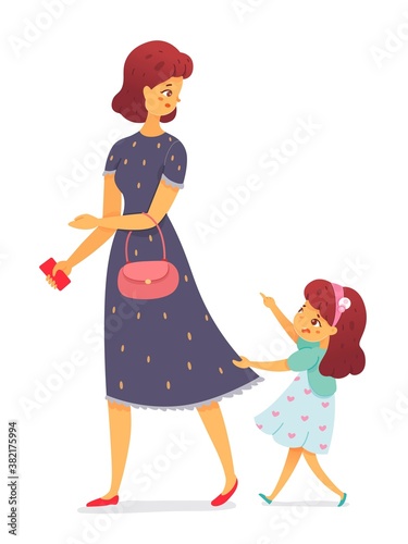 Bad spoiled kid crying and pulling dress. Little girl holding motherʼs skirt, upset grimace, sad face expression. Manners and bad behavior vector illustration