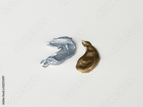 Acrylic Paint, Silver or Grey and Gold Smears, On White Background