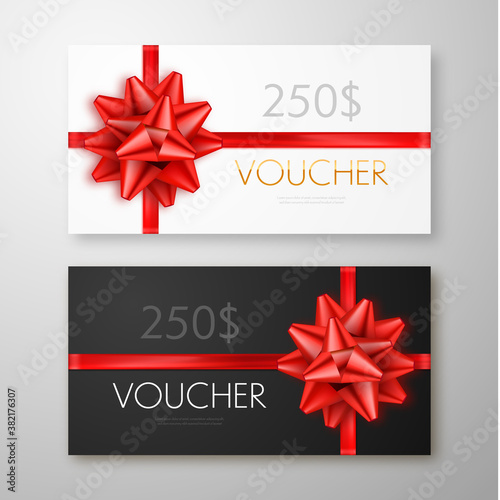 Gift voucher with red ribbon and bow. Discount gift cards template. Vector illustration