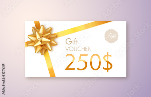 Gift voucher template isolated. Vector gift card with gold ribbon and bow.