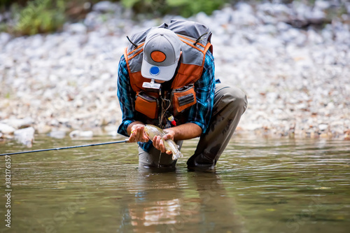 Fototapeta Naklejka Na Ścianę i Meble -  A fly fisherman fishing a trouts in mountain river