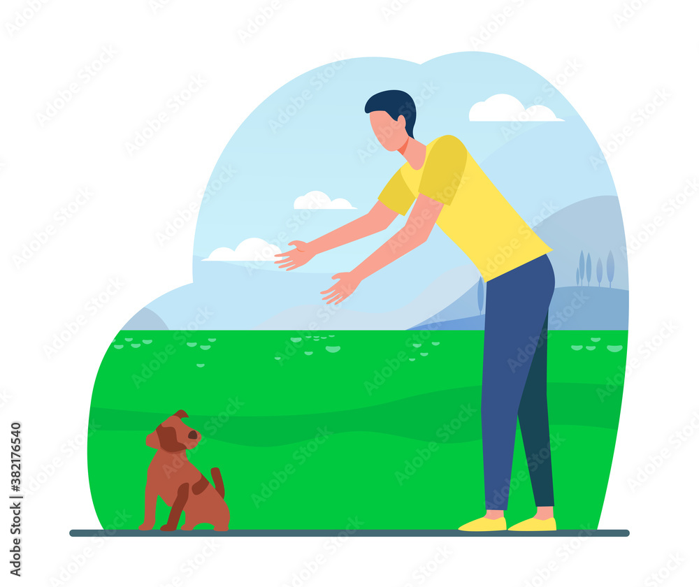 Man walking with dog outdoors. Guy reaching hands for picking puppy from ground flat vector illustration. Animal care, pet adoption concept for banner, website design or landing web page