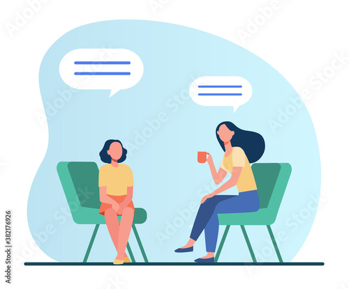 Mother sitting on chair and talking with daughter. Cup, speech bubble, conversation flat vector illustration. Family and relationship concept for banner, website design or landing web page