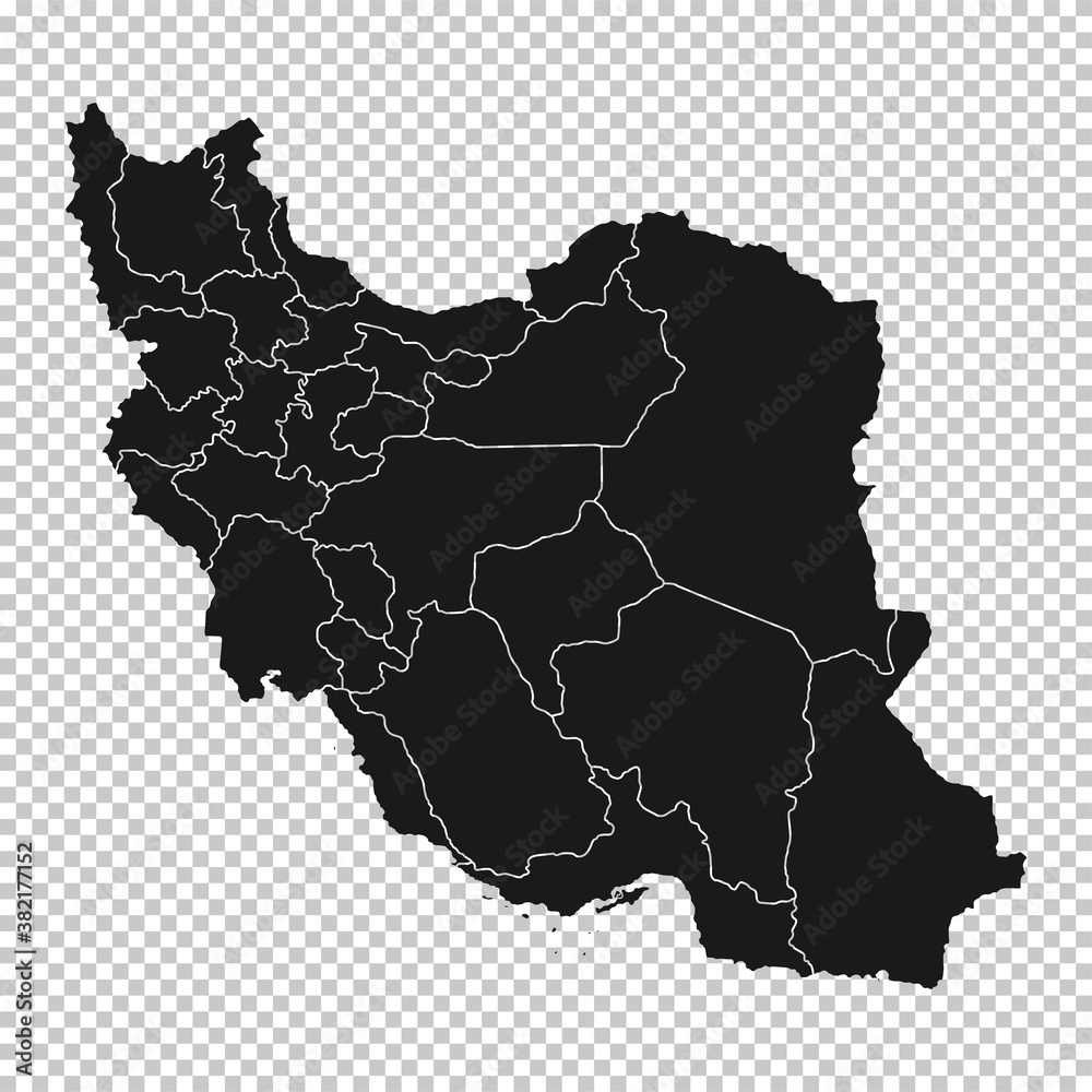 Iran Map - Vector Solid Contour and State Regions on Transparent Background
