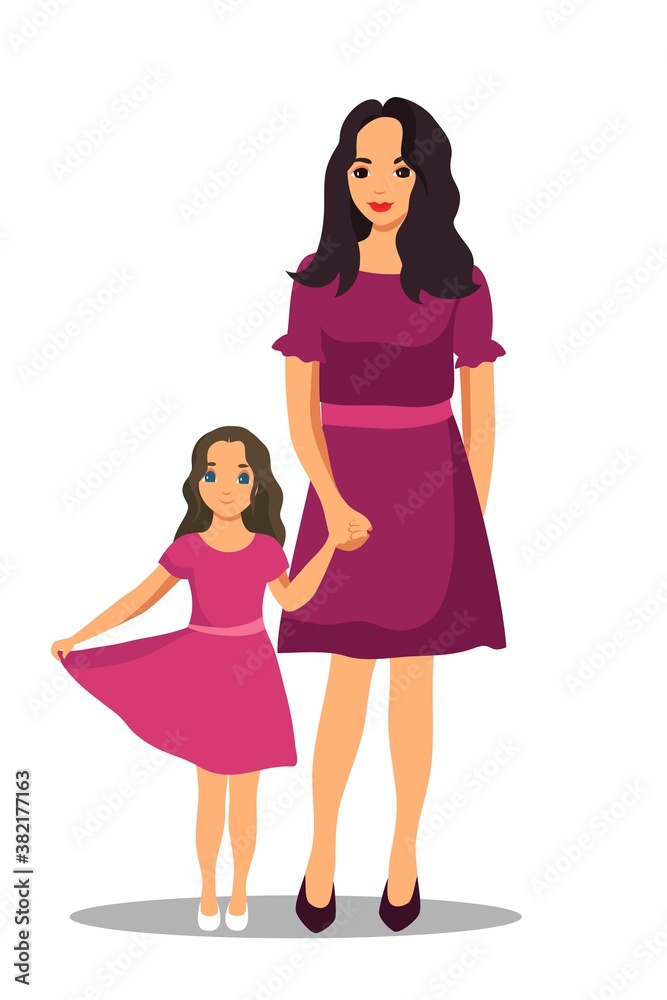 Happy mother with daughter isolated on white background. Woman holding hand with child. Parenthood vector illustration. People together. Mom caring about girl