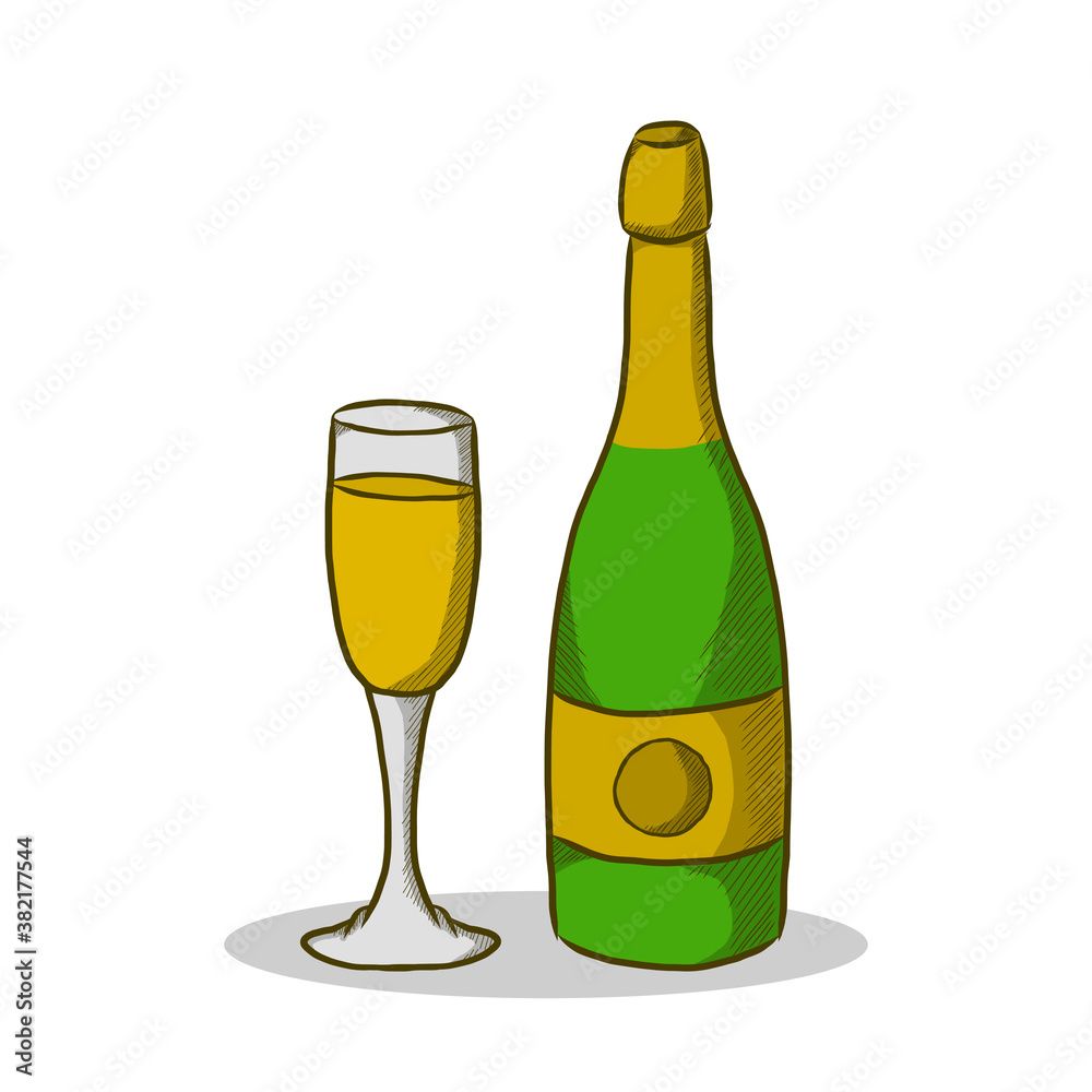 Beer Bottle and Glass Logo Hand Drawn Vector Conceptual. Champagne Drink Alcohol Party Icon Logo Concept Beer Bottle and Glass Logo Hand Drawn Vector Conceptual. Champagne Drink Alcohol Party Icon Logo Concept