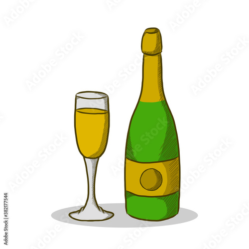 Beer Bottle and Glass Logo Hand Drawn Vector Conceptual. Champagne Drink Alcohol Party Icon Logo Concept