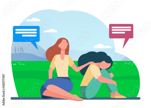 Friend talking and consoling sad woman. Nature, speech bubble, support flat vector illustration. Depression and melancholy concept for banner, website design or landing web page