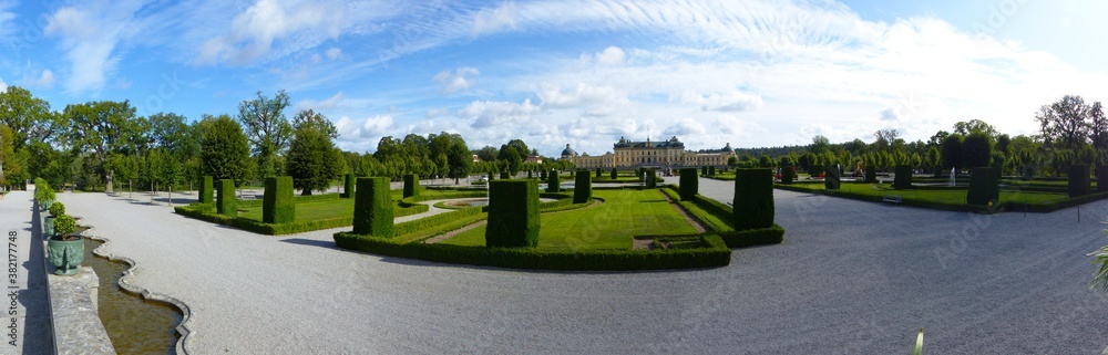 Panoramic view of the gardens and the Drottningholm Palace, the private residence of the Swedish royal family. Stockholm County, Sweden