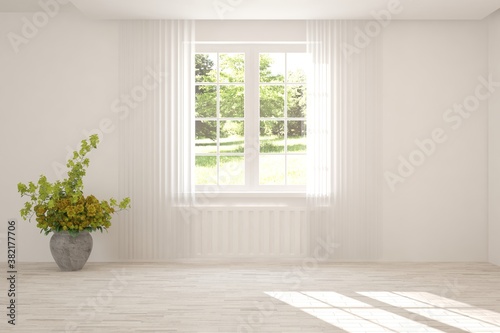 Stylish empty room in white color with summer landscape in window. Scandinavian interior design. 3D illustration