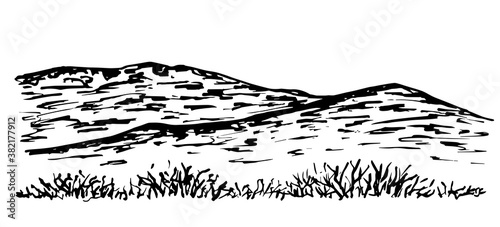 Mountain landscape, desert terrain, wilderness. Hills, dry plants, grass. Hand-drawn vector ink drawing. For prints, postcards, travel, tourism. Nature, panorama.