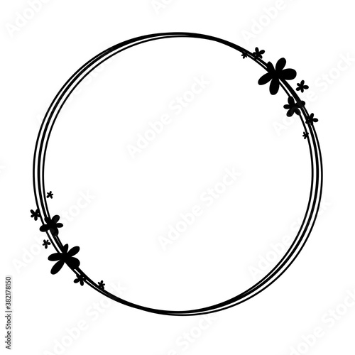 Black line circles frame decorated with small flowers on 2 white silhouette for cut file. Vector illustration for decorate logo, text, wedding, greeting cards and any design.