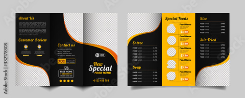Food trifold brochure menu template. fast food menu brochure for restaurant with black and yellow color
