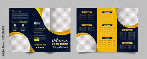 Food trifold brochure menu template. fast food menu brochure for restaurant with dark blue and orange color
