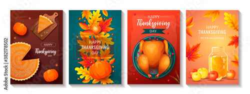 Set of greeting cards for Happy Thanksgiving Day. Pumpkin pie, autumn leaves, baked turkey, apple cider. A4 vector illustration for postcard, invitation, banner, card, poster.