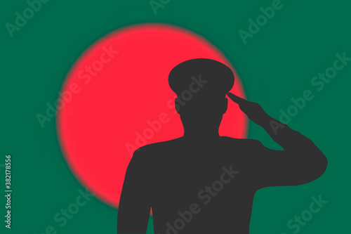 Solder silhouette on blur background with Bangladesh flag.