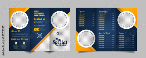 Food trifold brochure menu template. fast food menu brochure for restaurant with dark blue color