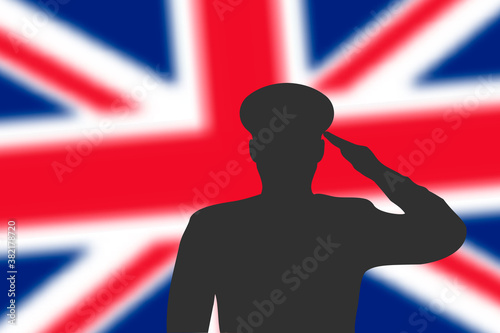 Solder silhouette on blur background with Britain flag.