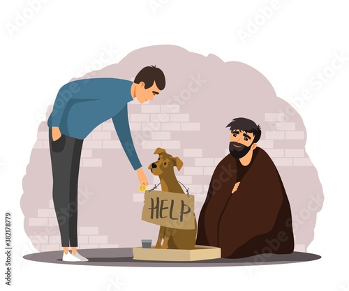 Man helping poor homeless person with dog. Poverty and charity vector illustration. Guy giving money to beggar in poverty. Social inequality in society. Person donating to jobless man in need