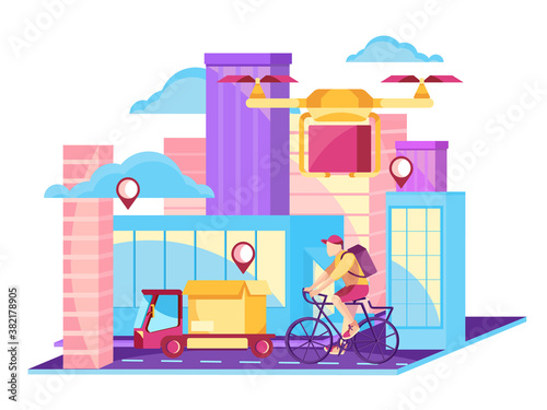 Delivery service UI illustration with a drone, courier on a bicycle, and delivery van with box. Internet shipping concept with a modern city. Transportation and logistic digital shopping ad background