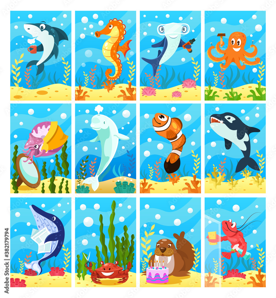 Cute smiling animals and underwater world. Undersea world animals. Stock  Vector | Adobe Stock