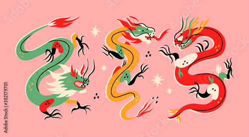 Three various Dragons. Mythological creatures. Zodiac sign. Chinese asian cartoon style. Hand drawn colored Vector illustration. Tattoo idea. Print templates. Every dragon is isolated on pink