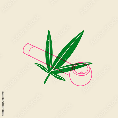 Pipe for smoking weed and a hemp leaf. Medical Marijuana smoking accessories. Cannabis and weed legalization concept. Hand drawn trendy modern Vector illustration