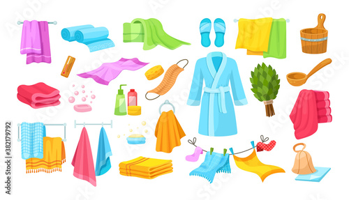 Bath accessories cartoon set. Differents bath towels, bathrobes, hygiene products, towels in stack rolled, clothes dryer, hanging accessories, soap dishes, brooms for bathroom cartoon
