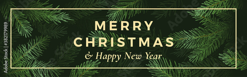 Christmas and New Year Abstract Vector Greeting Card or Banner. Deep Shadow Background with Fir-needle Spruce or Pine Branches Illustrations. Winter Holidays Web Template or Decoration Pattern