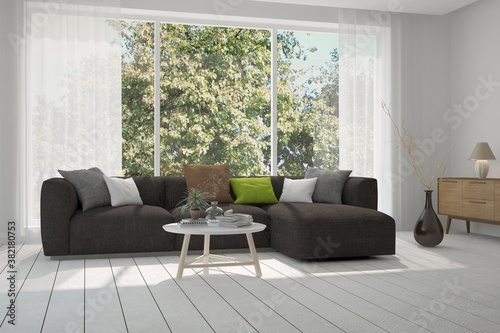 White living room with sofa and summer landscape in window. Scandinavian interior design. 3D illustration