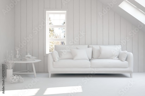 White minimalist living room with sofa. Scandinavian interior design. 3D illustration © AntonSh