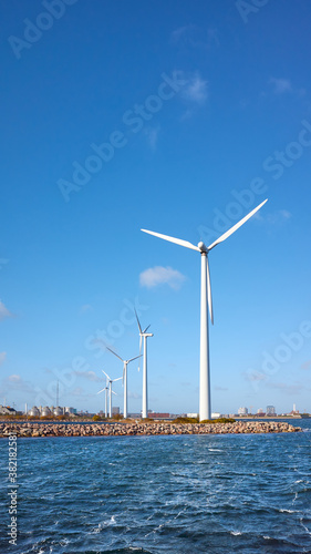 Wind turbines on the coast of Copenhagen, Denmark.