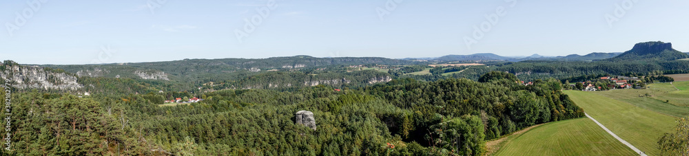 Landscape panorama of Saxon Switzerland seen from the Rauenstein mountain. Germany
