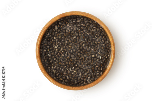 Chia gel in wooden bowl on white background