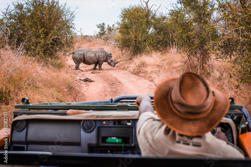 Safari guide in jeep pointing at Rhino in the wild photo