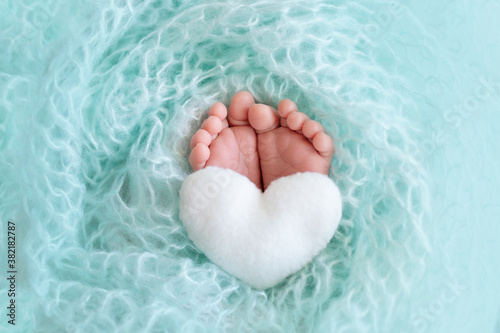 legs newborn baby close up on a blue background with a toy in the form of a heart photo