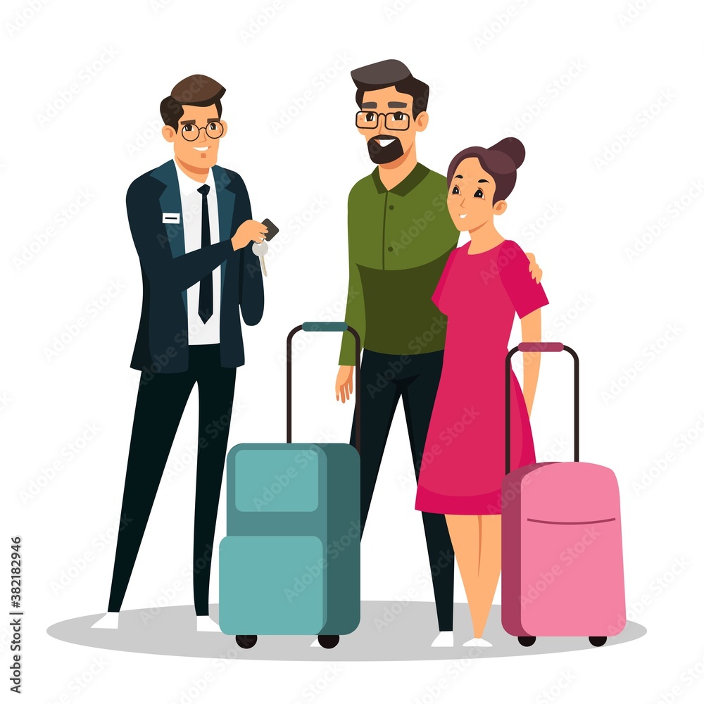Couple checking in hotel. Man and woman with luggage, receptionist giving key from room. Happy holiday vacation vector illustration. People staying at modern hotel on white background Couple checking in hotel. Man and woman with luggage, receptionist giving key from room. Happy holiday vacation vector illustration. People staying at modern hotel on white background