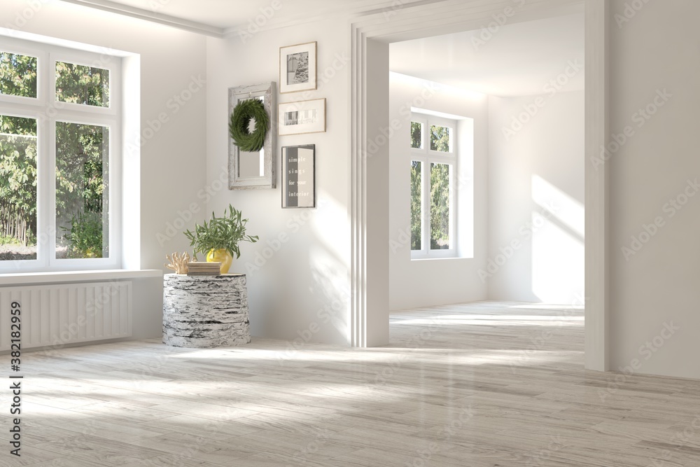 Fototapeta premium White empty room with summer landscape in window. Scandinavian interior design. 3D illustration