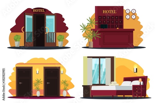 Hotel room, entrance, hall, reception counter interior design background set. Happy holiday vacation vector illustration. Staying at modern hotel in city. Bedroom, lobby for visit or trip
